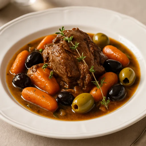 Тушёное ягнёнок с чабрецом, морковью и оливками